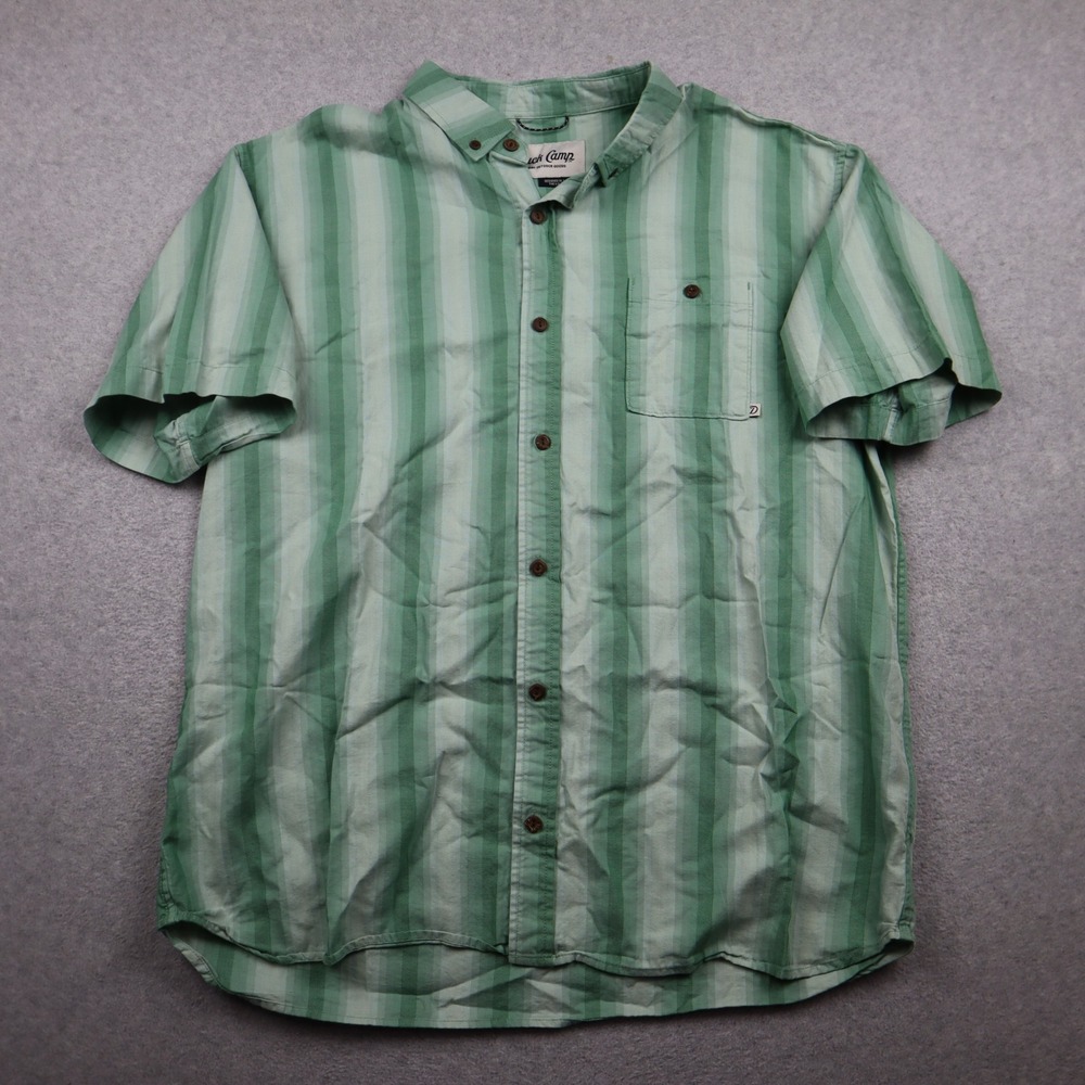 Duck Camp Shirt Mens 2XL Green Striped Short Sleeve Cotton Outdoor Button Up